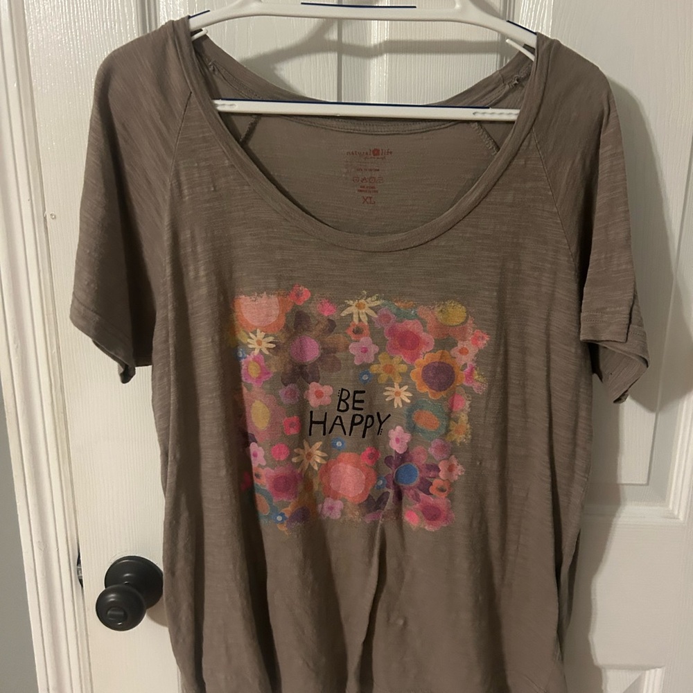 NATURAL LIFE Taupe Scoop Neck Tee with Colorful Floral 'Be Happy' Graphic